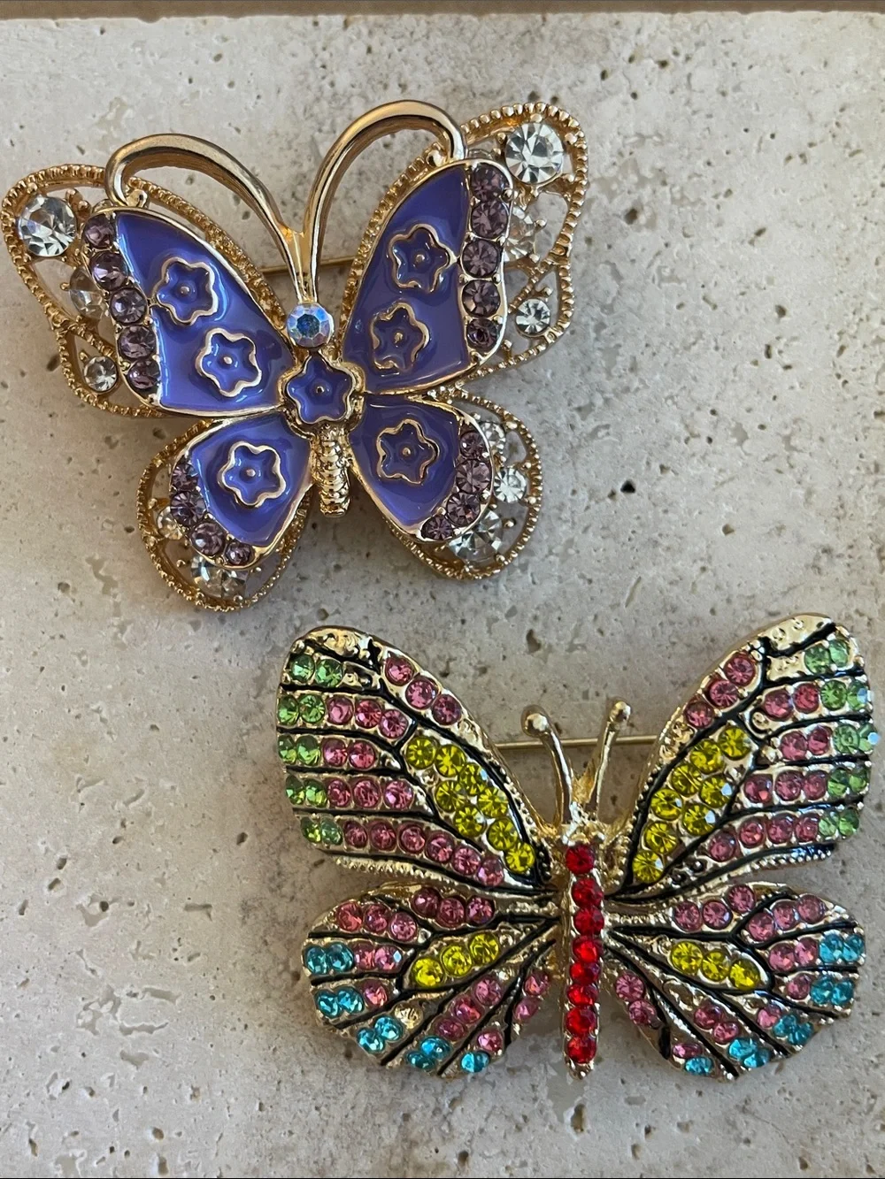Butterfly Brooch Set Lot of 2 Purple Enamel Multicolor Rhinestone Vintage Pins